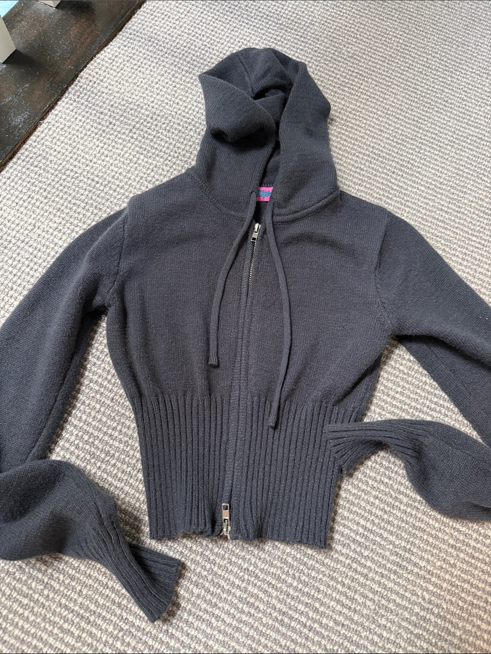 Edikted Charcoal Hooded Zip-Up Ribbed Waist Sweater